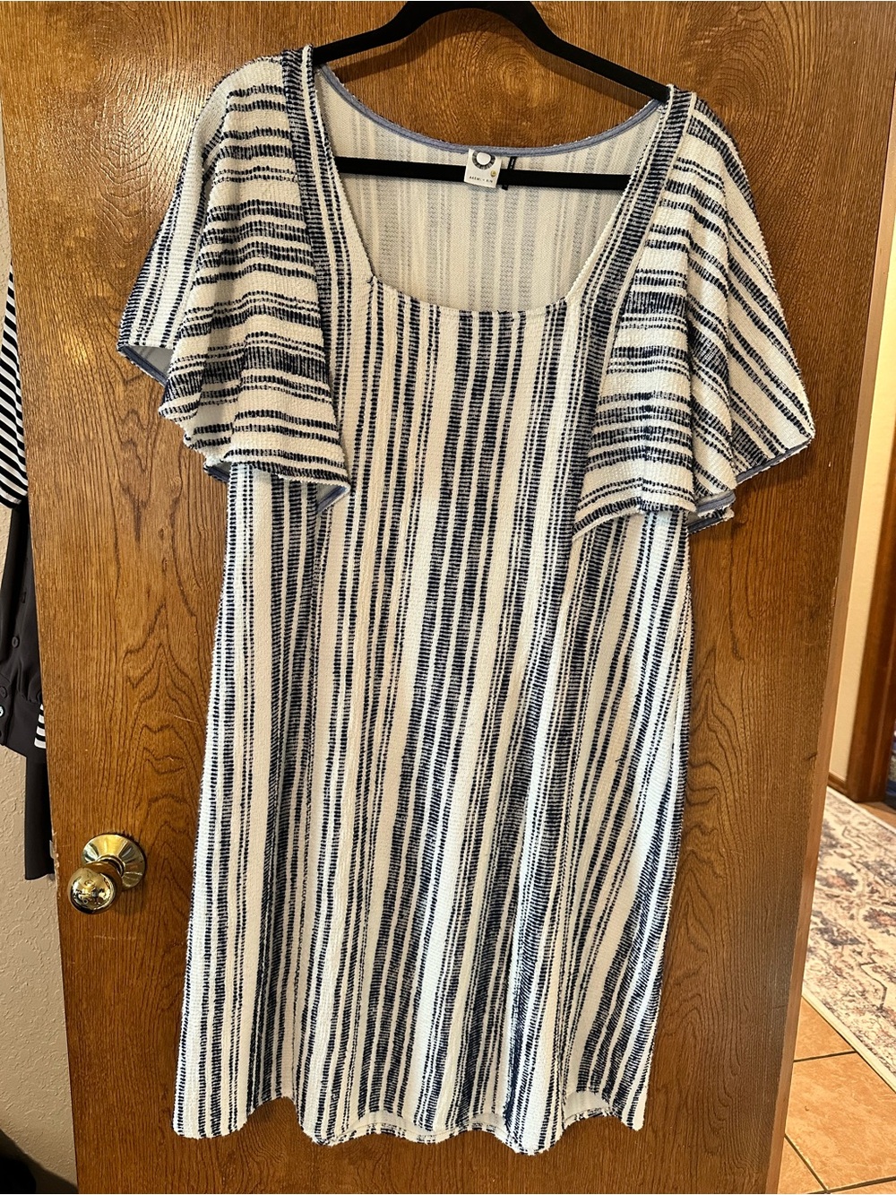 Blue and White Striped Midi Dress with Flutter Sleeves